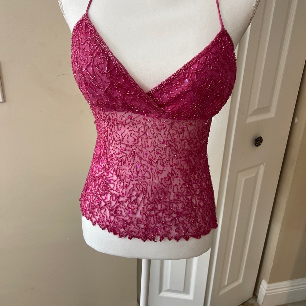 Sexy Pink Beaded Lace Haler Top